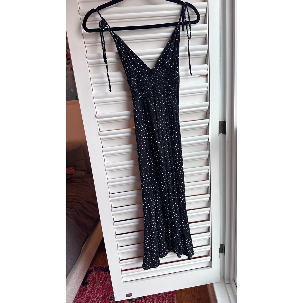 Reformation Black Polka Dot Maxi Dress Tie Strap V Neck Summer Casual